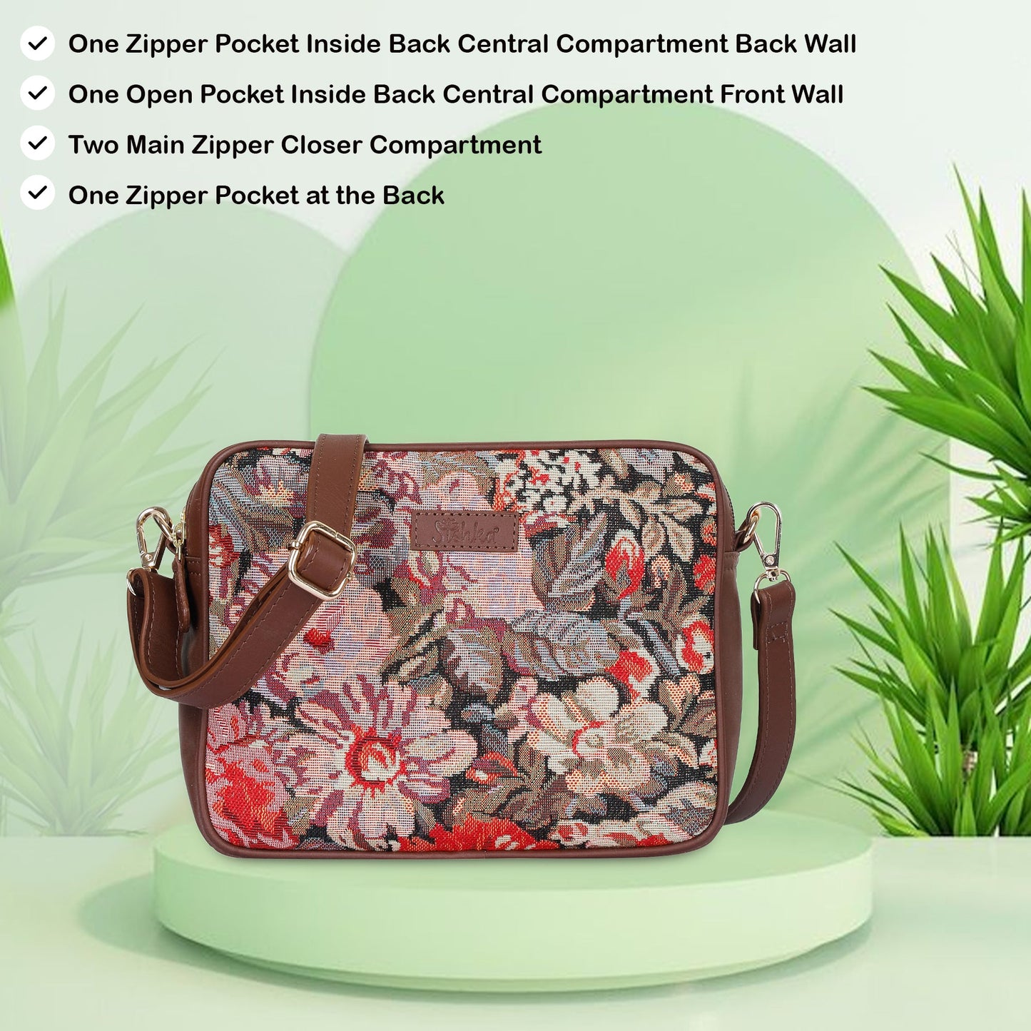 Floral Tapestry Messenger Bag – Women’s Crossbody Sling with Leather Trim