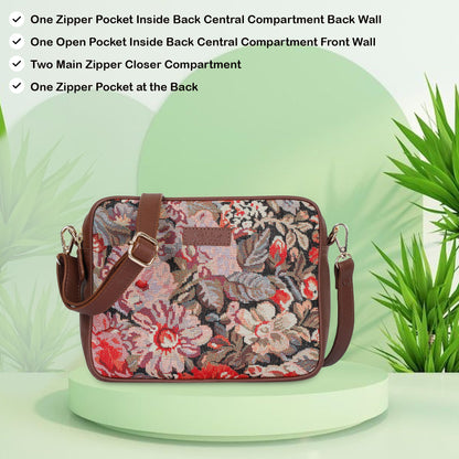 Floral Tapestry Messenger Bag – Women’s Crossbody Sling with Leather Trim