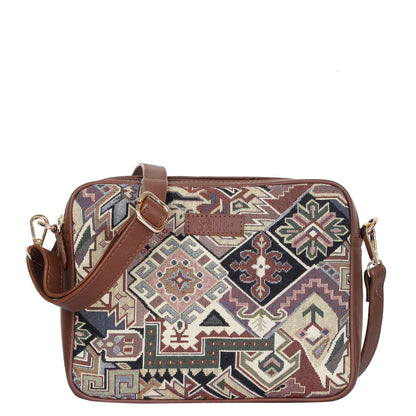 Women's geometric tapestry messenger sling bag with genuine leather trim for travel, work, shopping, commuting, sightseeing, vacations, and everyday use