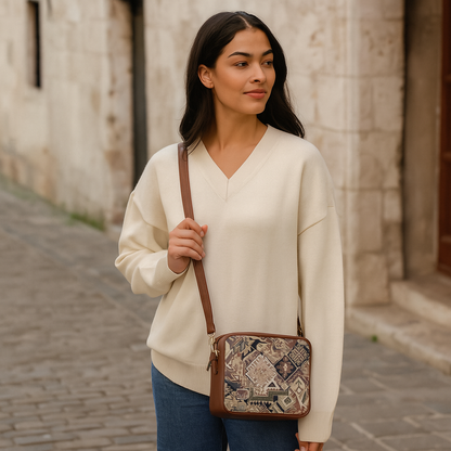 Women’s Geometric Tapestry Shoulder & Crossbody Messenger Bag with Genuine Leather Trim