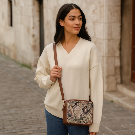 Women’s Geometric Tapestry Shoulder & Crossbody Messenger Bag with Leather Trim