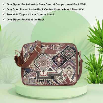 Women’s Geometric Tapestry Shoulder & Crossbody Messenger Bag with Genuine Leather Trim