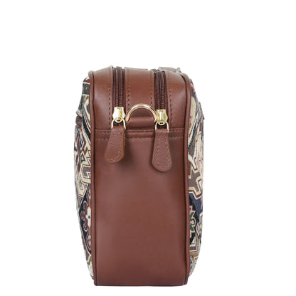 Women’s Geometric Tapestry Shoulder & Crossbody Messenger Bag with Genuine Leather Trim