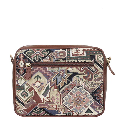 Women’s Geometric Tapestry Shoulder & Crossbody Messenger Bag with Genuine Leather Trim
