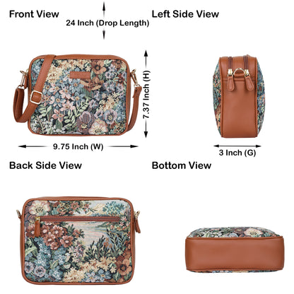 Women’s Botanical Tapestry Crossbody Purse – Messenger & Shoulder Bag with Vegan Leather Trim Handle