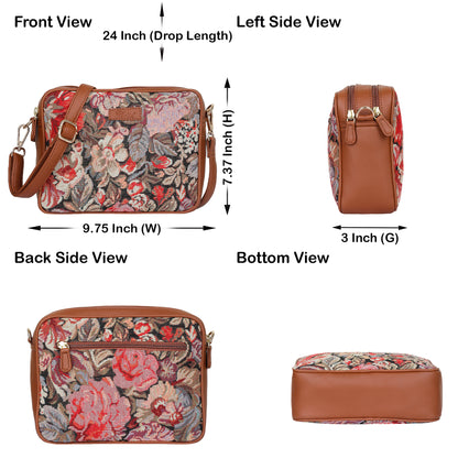 Floral Tapestry Messenger Bag – Women Crossbody Sling with Vegan Leather Trim Handle