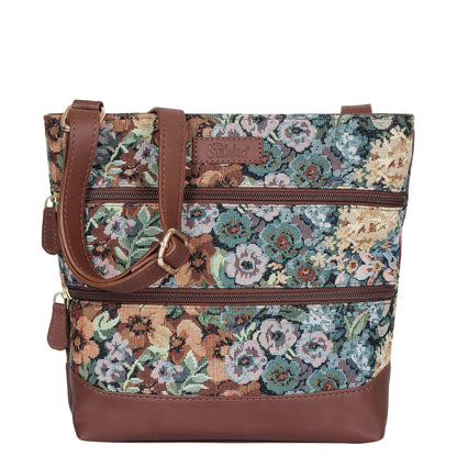 Botanical Tapestry Crossbody Bag – Women’s Shoulder & Messenger Purse with Genuine Leather Trim