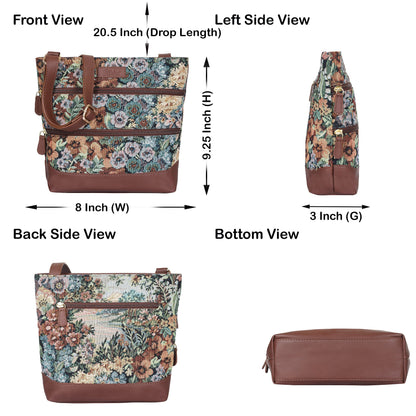 Botanical Tapestry Crossbody Bag – Women’s Shoulder & Messenger Purse with Genuine Leather Trim