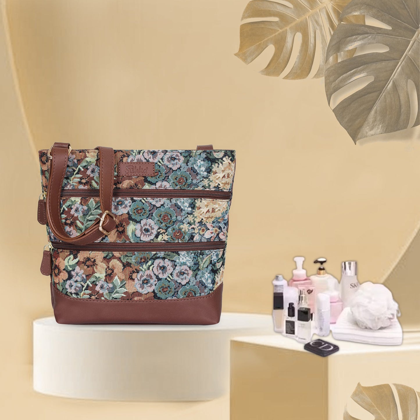 Botanical Tapestry Crossbody Bag – Women’s Shoulder & Messenger Purse with Genuine Leather Trim