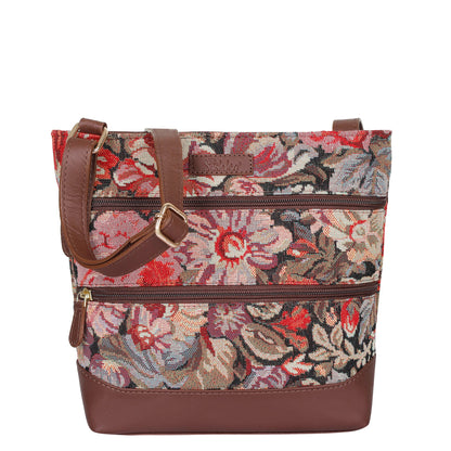 Women’s floral tapestry crossbody sling bag with leather trim for daily, travel, office, and everyday use