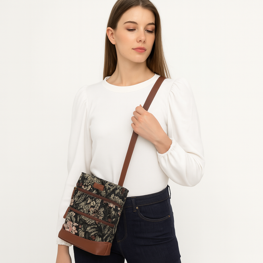 Vintage Tapestry Crossbody Sling Bag for Women – Shoulder & Messenger Purse with Leather Trim