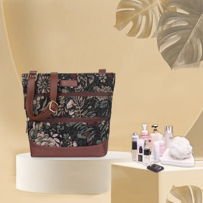 Vintage Tapestry Crossbody Sling Bag for Women – Shoulder & Messenger Purse with Genuine Leather Trim