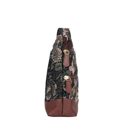 Vintage Tapestry Crossbody Sling Bag for Women – Shoulder & Messenger Purse with Genuine Leather Trim
