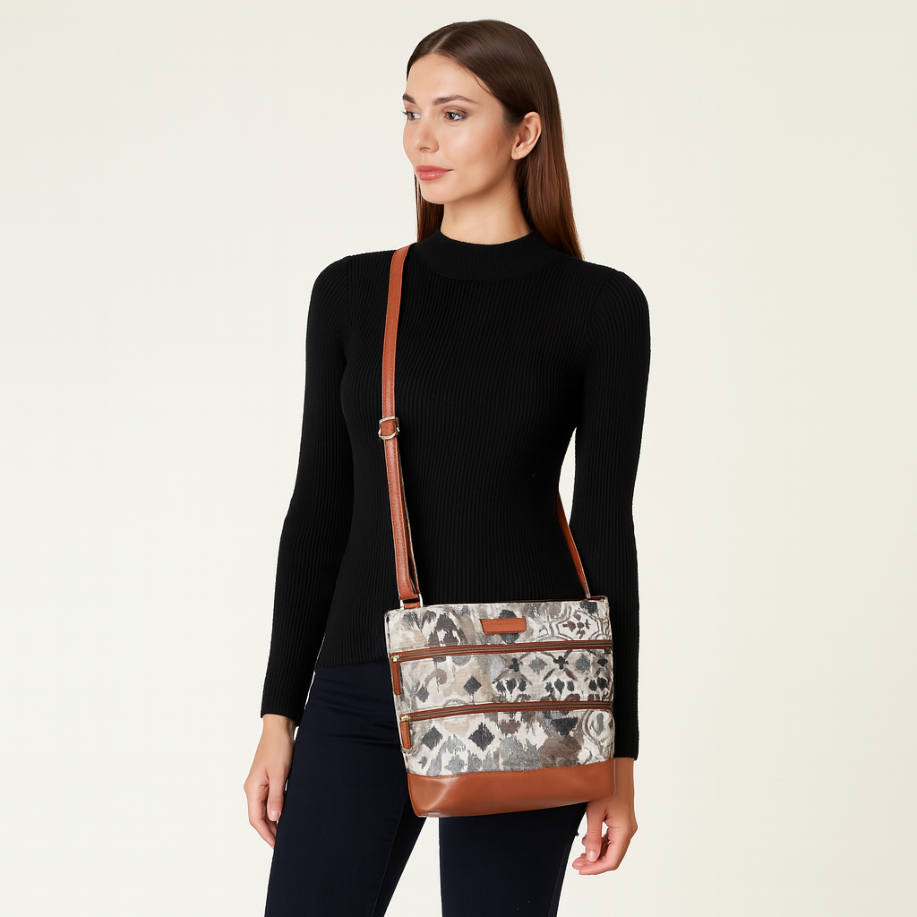 Women’s Abstract Design Tapestry Crossbody Sling Bag – Shoulder & Messenger Purse with Vegan Leather Trim