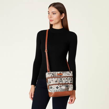 Women’s Abstract Design Tapestry Crossbody Sling Bag – Shoulder & Messenger Purse with Vegan Leather Trim