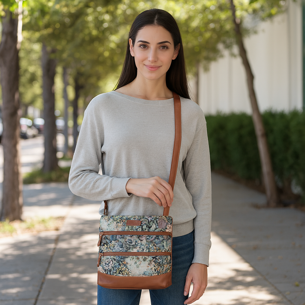 Women’s Botanical Tapestry Crossbody Bag – Messenger-Style Shoulder Purse with Vegan Leather Trim