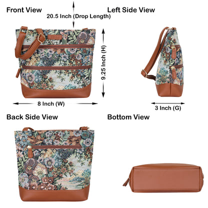 Women’s Botanical Tapestry Crossbody Bag – Messenger-Style Shoulder Purse with Vegan Leather Trim