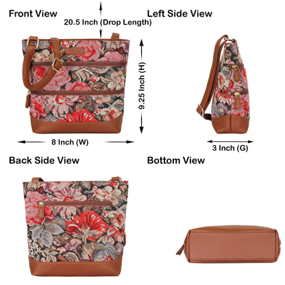 Floral Tapestry Crossbody Sling Bag – Women’s Shoulder & Messenger Purse with Vegan Leather Trim