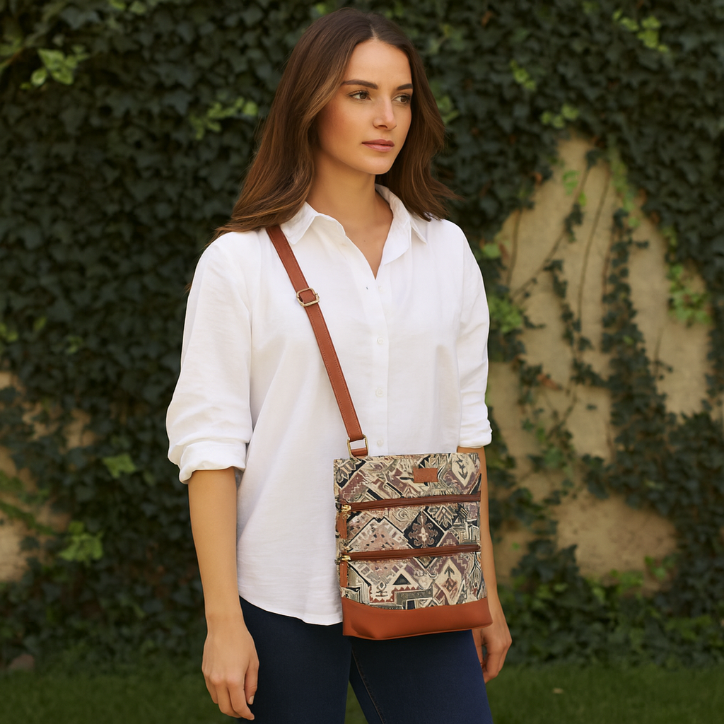 Geometric Tapestry Crossbody Sling – Women’s Messenger & Shoulder Bag with Vegan Leather Trim