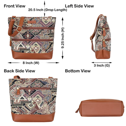 Geometric Tapestry Crossbody Sling – Women’s Messenger & Shoulder Bag with Vegan Leather Trim