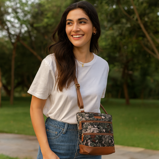 Women’s Vintage Tapestry Crossbody Sling Bag – Shoulder & Messenger Purse with PU Leather Trim & Adjustable Strap for Daily Use