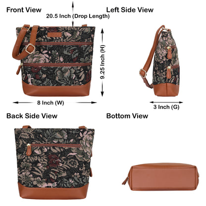 Women’s Vintage Tapestry Crossbody Sling Bag – Shoulder & Messenger Purse with with Vegan Leather Trim