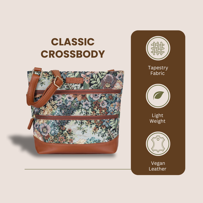 Women’s Botanical Tapestry Crossbody Bag – Messenger-Style Shoulder Purse with Vegan Leather Trim