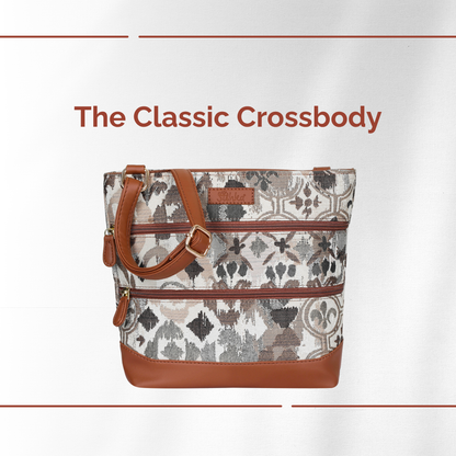 Women’s Abstract Design Tapestry Crossbody Sling Bag – Shoulder & Messenger Purse with Vegan Leather Trim