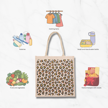 Eco-Friendly Natural Jute Tote Bag – Cheetah-Inspired Printed Reusable Bag for Shopping, Groceries, Travel, Beach, and Daily Use
