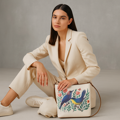 Hand Printed Birds Vegan Leather Crossbody Bag – Adjustable Sling & Over the Shoulder Wholesale Bag for Women – Stylish Handbag & Travel Purse