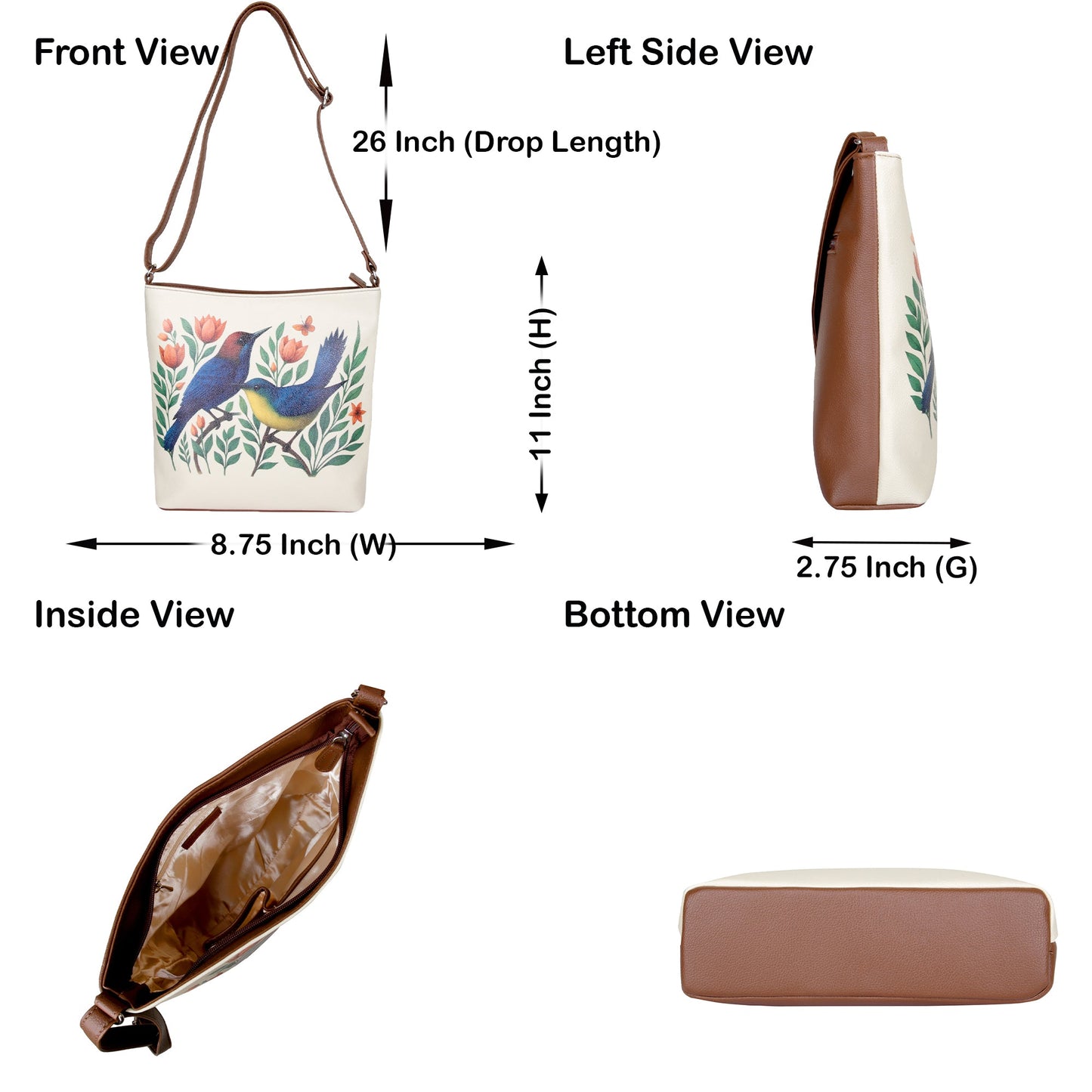 Hand Printed Birds Vegan Leather Crossbody Bag – Adjustable Sling & Over the Shoulder Wholesale Bag for Women – Stylish Handbag & Travel Purse