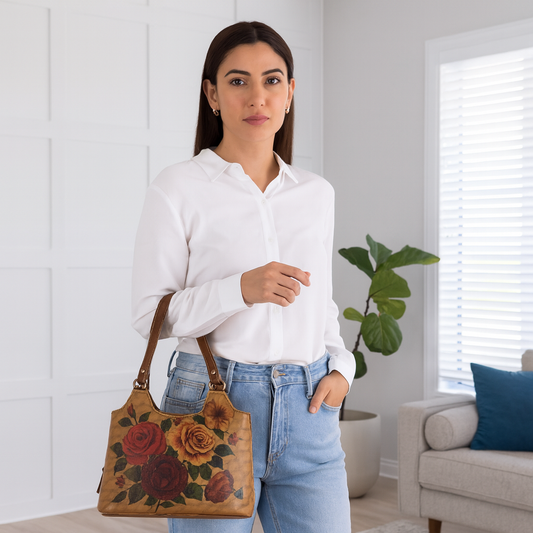 Printed Genuine Leather Shoulder Tote Bag for Women – Stylish Top Handle Handbag Purse– Travel, Office & Daily Use