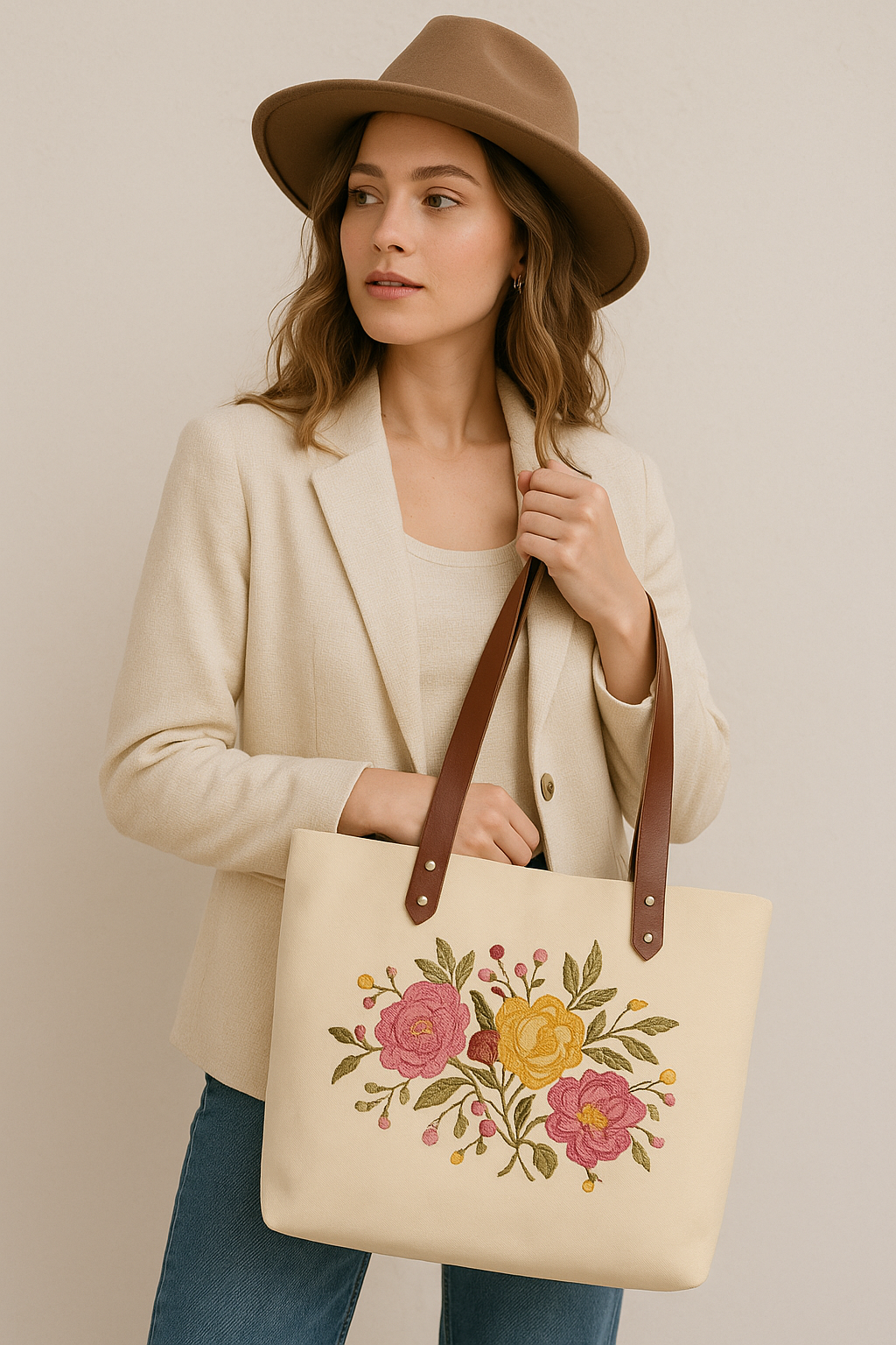 Floral Embroidered Canvas Tote for Women with Cotton Lining & Leather Handle—Travel, Beach & Daily Use, Shoulder Bag- Pack of 5