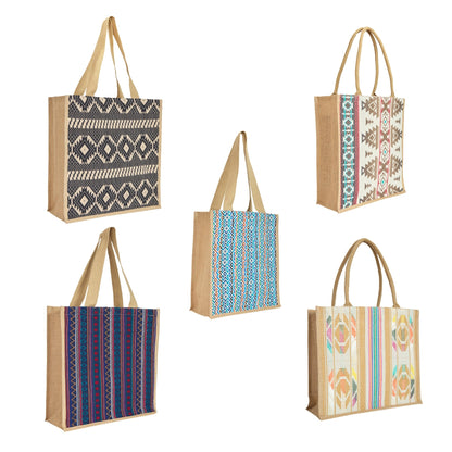 Premium Natural Reusable Jute Shopping Tote Bag with Stylish Jacquard Fabric. Groceries, Vegetables, Kitchen Essentials & Beach Trips -Pack of 5