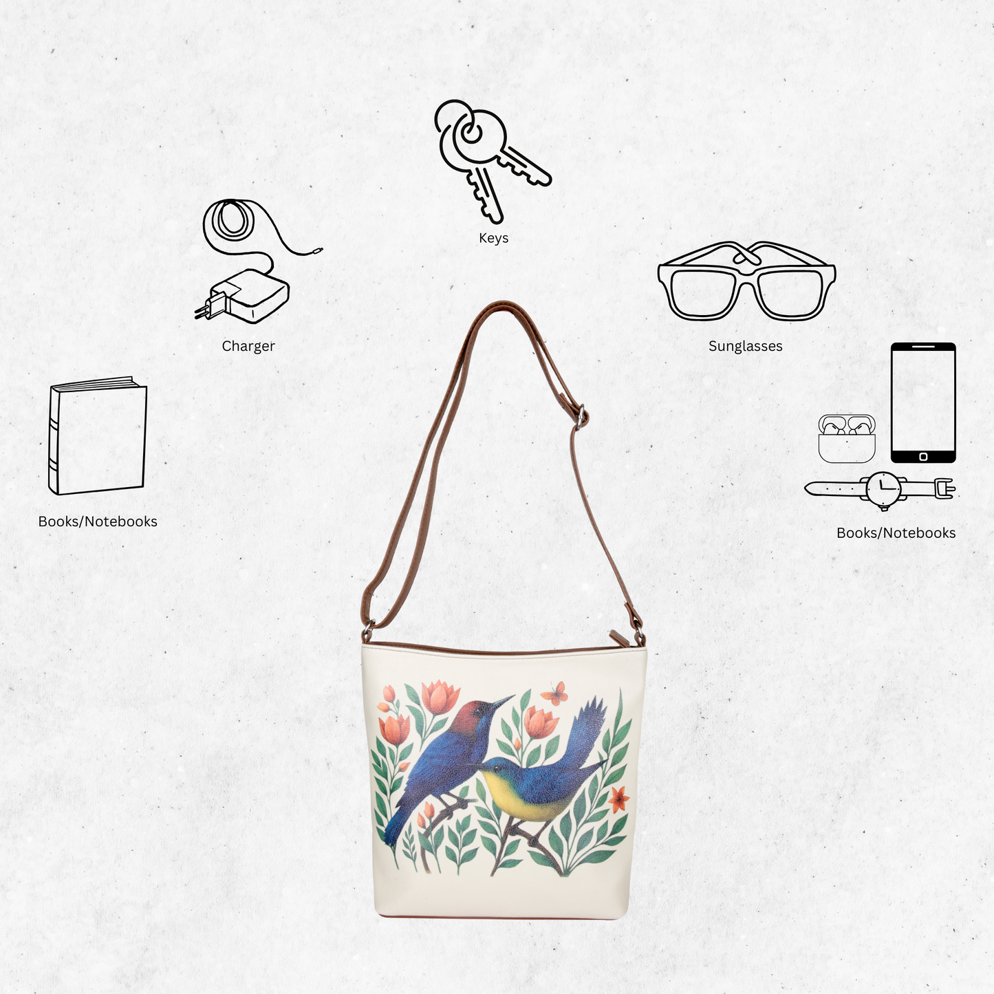 Hand Printed Birds Vegan Leather Crossbody Bag – Adjustable Sling & Over the Shoulder Wholesale Bag for Women – Stylish Handbag & Travel Purse