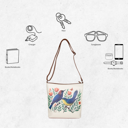 Hand Printed Birds Vegan Leather Crossbody Bag – Adjustable Sling & Over the Shoulder Wholesale Bag for Women – Stylish Handbag & Travel Purse