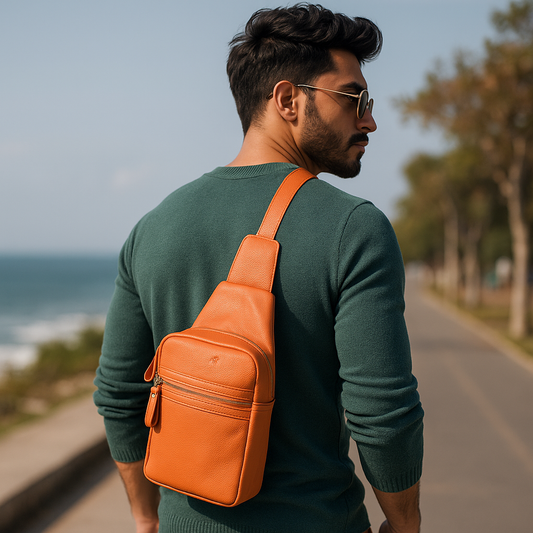 Premium Leather  Fanny Sling Bag For Women Men Chest Pack Crossbody Shoulder Belt Bags Travel-Tan