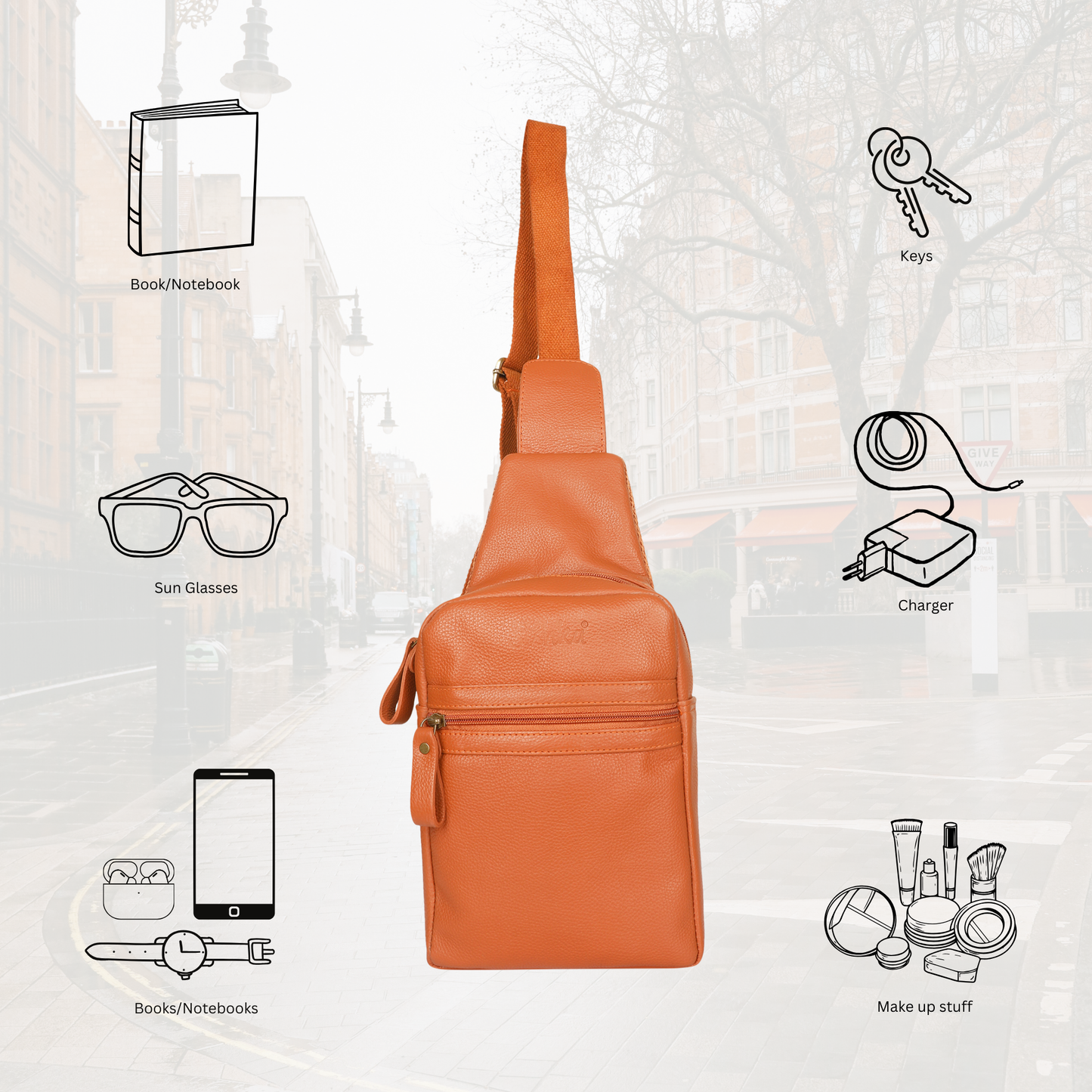 Premium Leather  Fanny Sling Bag For Women Men Chest Pack Crossbody Shoulder Belt Bags Travel-Tan