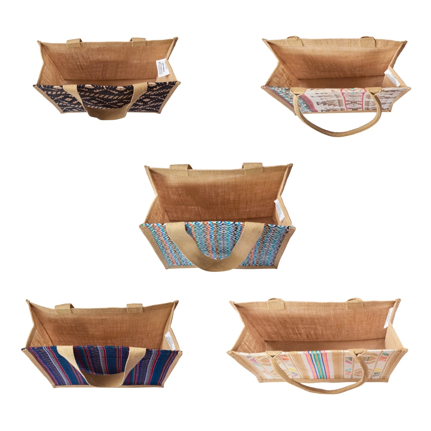 Premium Natural Reusable Jute Shopping Tote Bag with Stylish Jacquard Fabric. Groceries, Vegetables, Kitchen Essentials & Beach Trips -Pack of 5