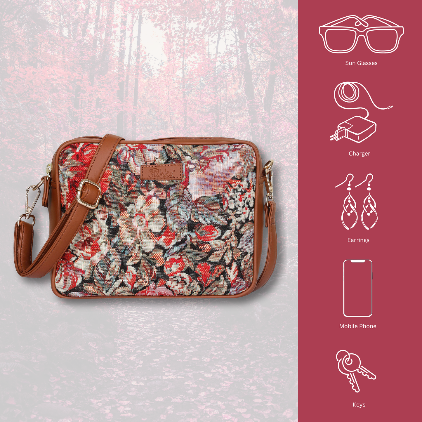 Floral Tapestry Messenger Bag – Women Crossbody Sling with Vegan Leather Trim Handle
