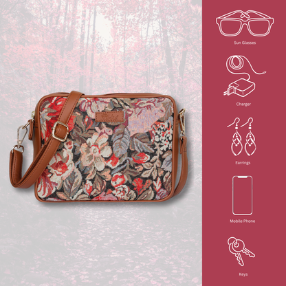 Floral Tapestry Messenger Bag – Women Crossbody Sling with Vegan Leather Trim Handle