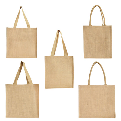Premium Natural Reusable Jute Shopping Tote Bag with Stylish Jacquard Fabric. Groceries, Vegetables, Kitchen Essentials & Beach Trips -Pack of 5