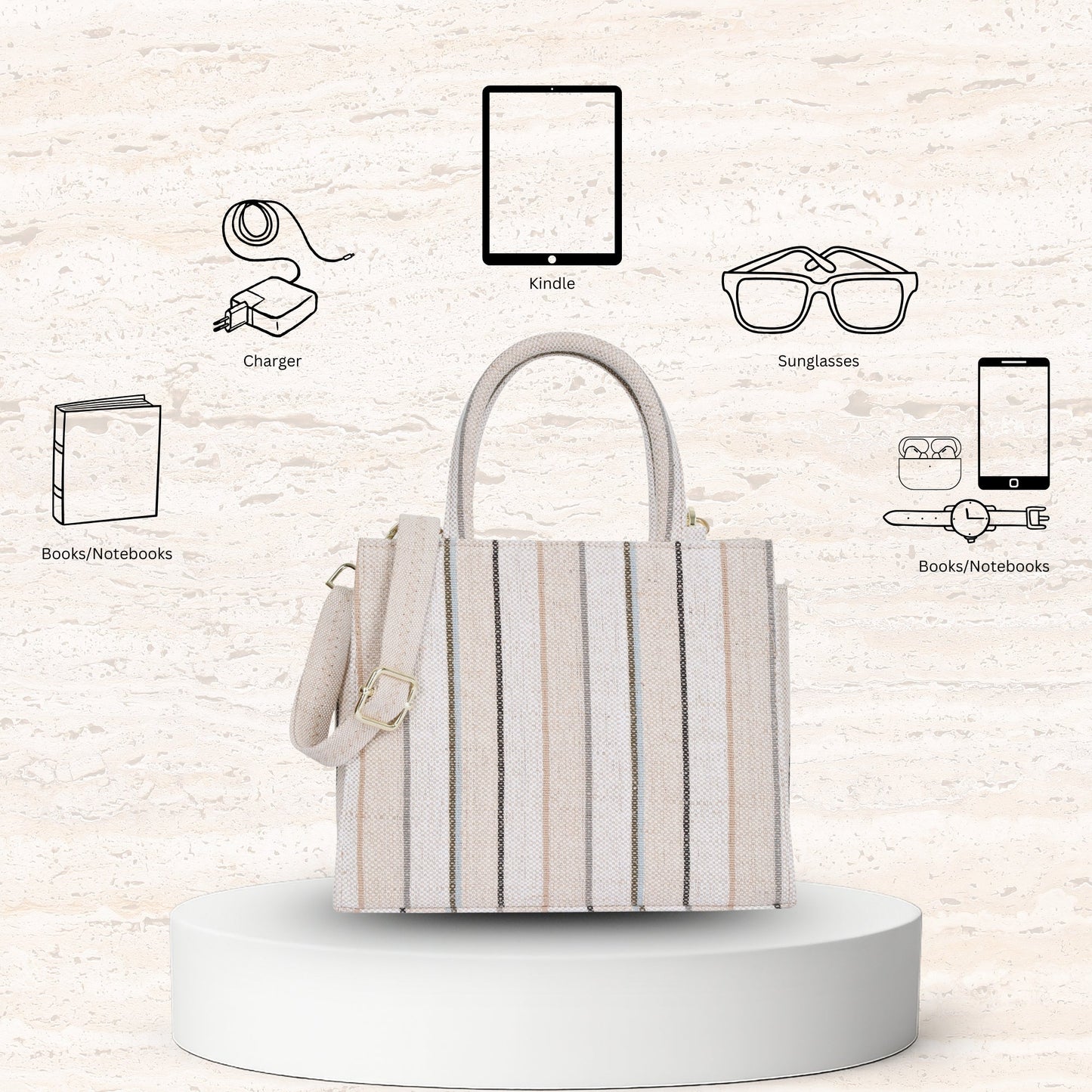 Wholesale Neutral Striped Canvas Crossbody Tote Handbag for Daily use