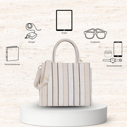 Wholesale Neutral Striped Canvas Crossbody Tote Handbag for Daily use