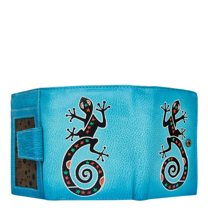 Hand-painted trifold wallet for women with a Lizard design