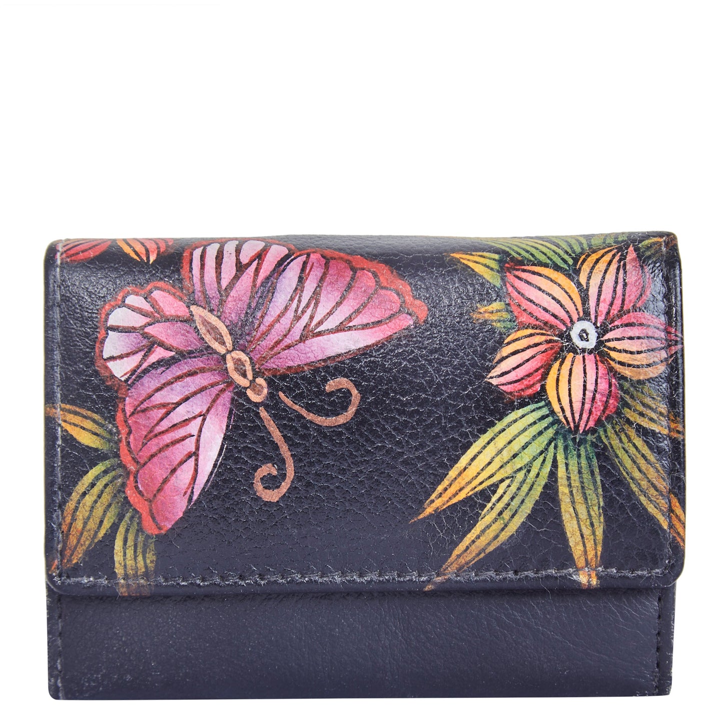 Leather Bi-Fold Wallet with Hand-Painted Springtime Bloom Design