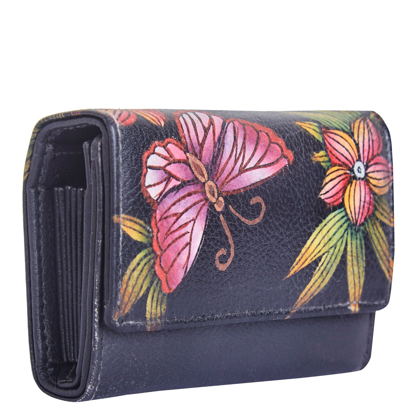 Leather Bi-Fold Wallet with Hand-Painted Springtime Bloom Design