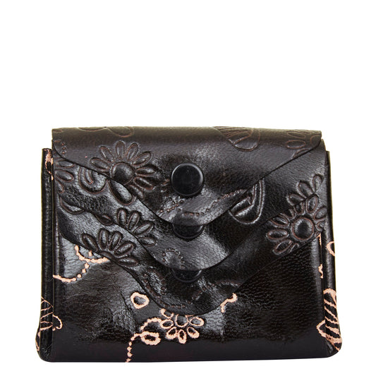 Hand-Painted Black Leather Purse with Three Button Charm