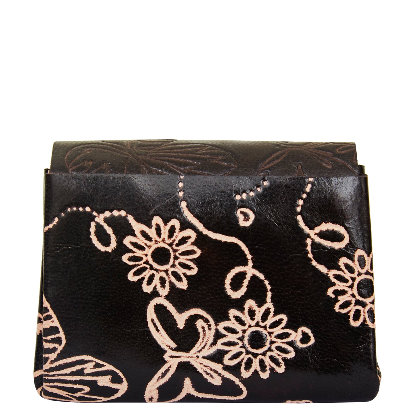 Hand-Painted Black Leather Purse with Three Button Charm