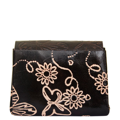 Hand-Painted Black Leather Purse with Three Button Charm